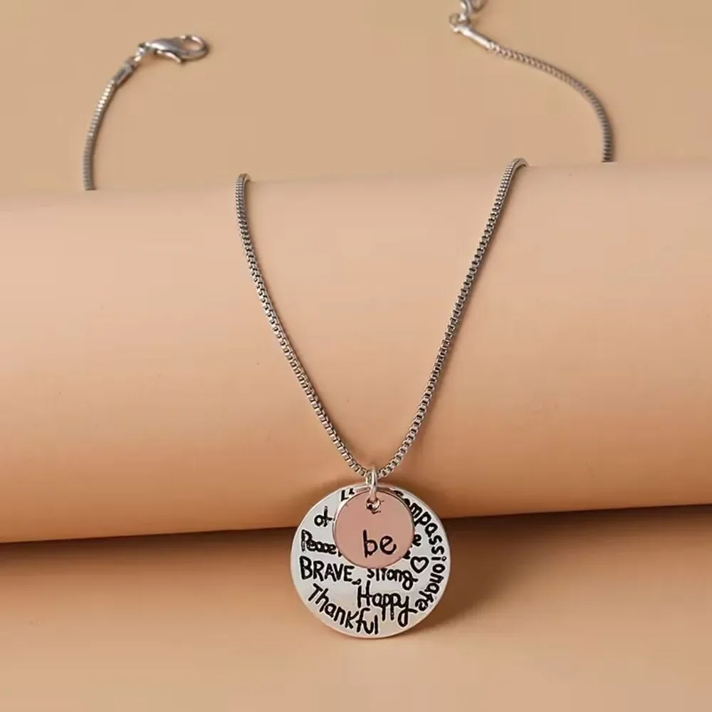 2-Tone Silver Inspiration Quote Pendant Necklace Etched Charm Brave Strong Happy